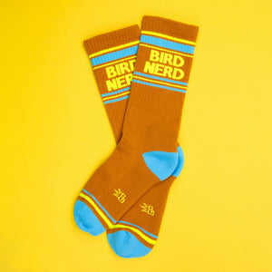 Flat lay of Bird Nerd socks on a yellow background.