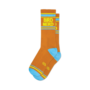 Pair of brown crew socks with a yellow and light blue retro stripe and 'Bird Nerd' text.