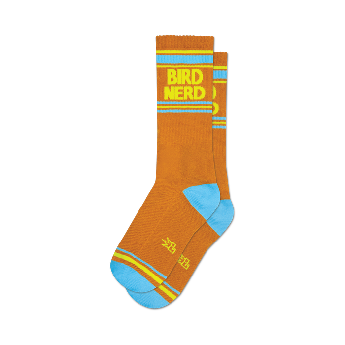 a pair of orange socks with the words 'bird nerd' in yellow letters on the leg. the socks also have two thin yellow stripes and one thin blue stripe around the top and a blue toe and heel. }}