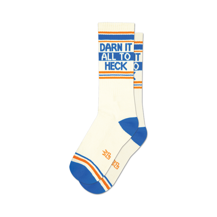 Pair of off-white crew socks with blue and orange stripes. Text reads 'Darn It All To Heck'. }}