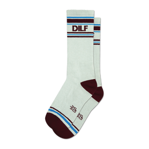 Pair of off-white crew socks with maroon and light blue stripes and the acronym