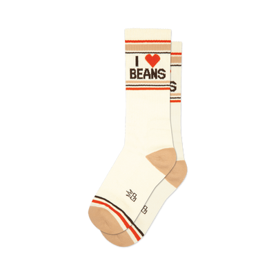 Pair of off-white crew socks with brown and red stripes and an 'I Heart Beans' graphic.