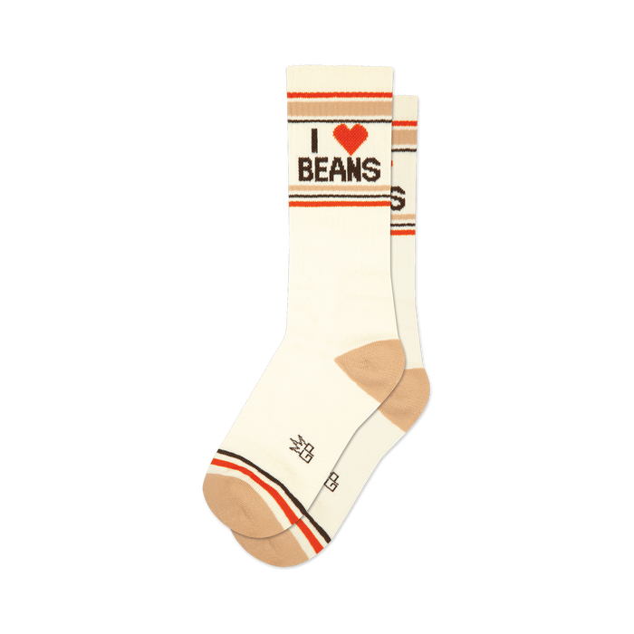 Pair of off-white crew socks with brown and red stripes and an 'I Heart Beans' graphic.