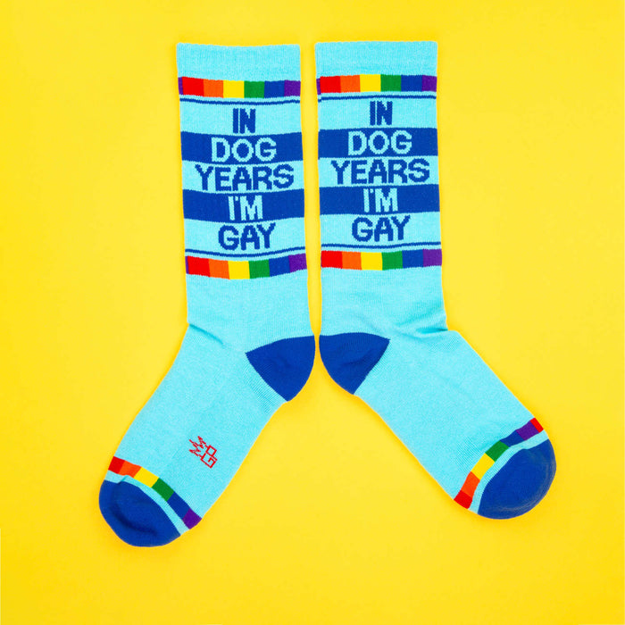 Product shot showcasing 'In Dog Years I'm Gay' socks laid flat and slightly apart on a bright yellow background.
