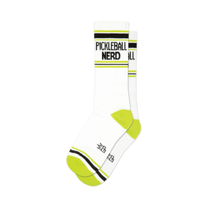 Pair of white crew socks with neon yellow and black stripes and 'Pickleball Nerd' text.