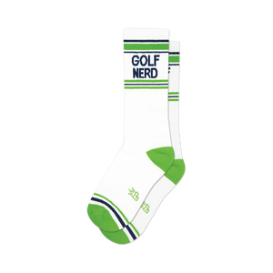 Pair of white crew socks with green and navy blue stripes and 'GOLF NERDS' written on them.