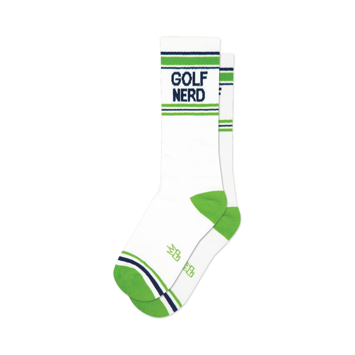Pair of white crew socks with green and navy blue stripes and 'GOLF NERDS' written on them.