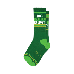 Pair of dark-green crew socks with neon-green and gold stripes and the words 'BIG PICKLE ENERGY' in white.