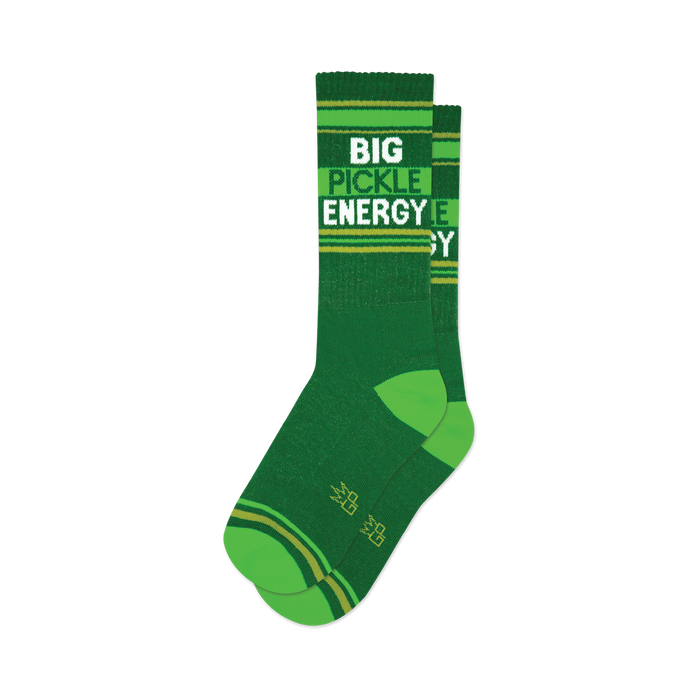 Pair of dark-green crew socks with neon-green and gold stripes and the words 'BIG PICKLE ENERGY' in white.