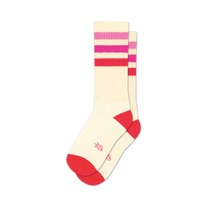 Pair of cream crew socks with pink and red horizontal stripes and red cuffs.