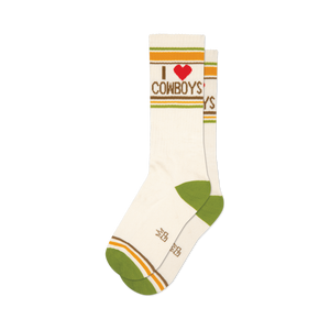 Pair of cream crew socks with green, yellow, and brown stripes and 'I love cowboys' graphic. Red heart detail.