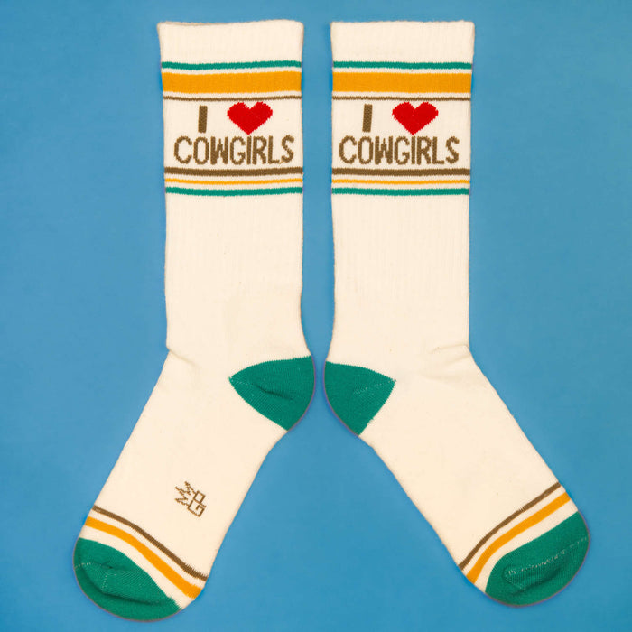 Another flat lay of 'I Heart Cowgirls' socks, showcasing design details.