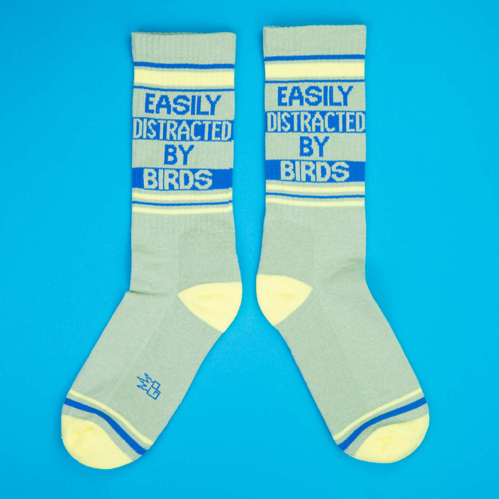 Another flatlay of two 'Easily Distracted By Birds' socks, arranged differently, on a bright blue background.