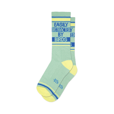 Pair of sage green crew socks with yellow and blue stripes. Text reads, "Easily Distracted By Birds."