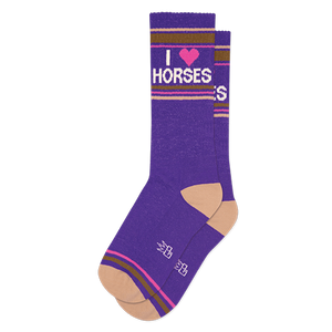 Pair of purple crew socks with 'I love horses' graphic and retro stripes.  Features pink heart and brown/tan stripes.