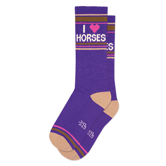 Pair of purple crew socks with 'I love horses' graphic and retro stripes.  Features pink heart and brown/tan stripes.