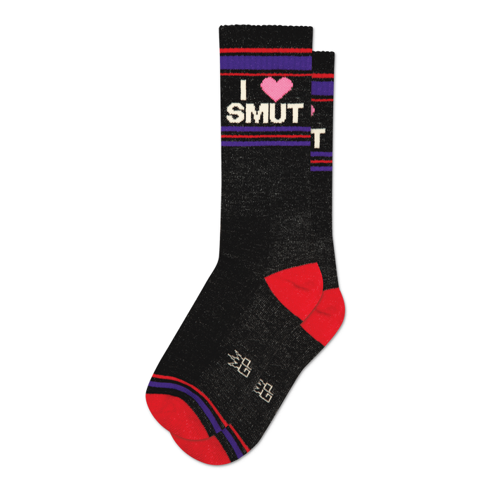 Pair of black crew socks with red and purple stripes. Features a graphic that says 'I Heart Smut'. }}