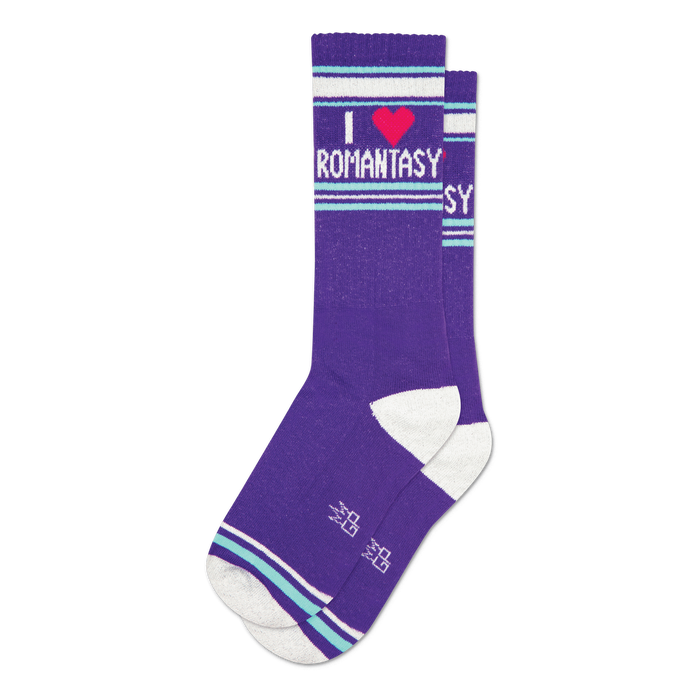 Pair of purple crew socks with white and teal stripes. Features 'I Heart Romantasy' text and a small pink heart graphic. }}