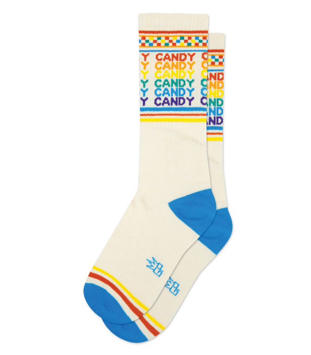 A pair of white crew socks with a rainbow 'Candy' design and blue, orange, and yellow stripes at the cuffs. }}