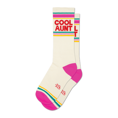 Pair of off-white crew socks with hot pink, teal, and gold stripes and 'COOL AUNT' in red text.