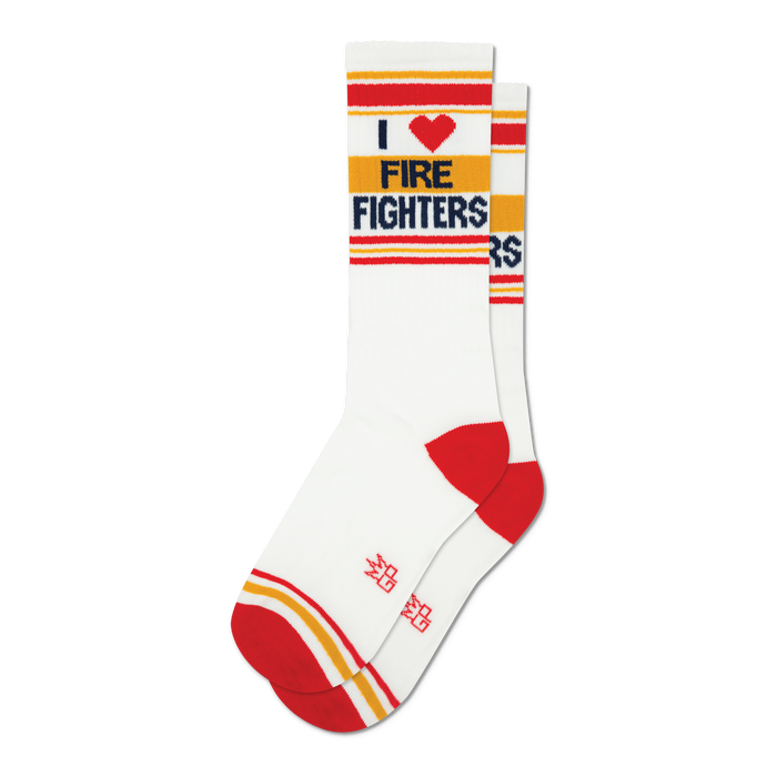 Pair of white crew socks with red, navy, and gold stripes and 'I Heart Fire Fighters' graphic.