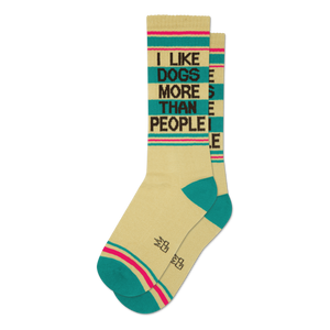 Pair of cream crew socks with teal and pink stripes and the text 'I LIKE DOGS MORE THAN PEOPLE' in brown.