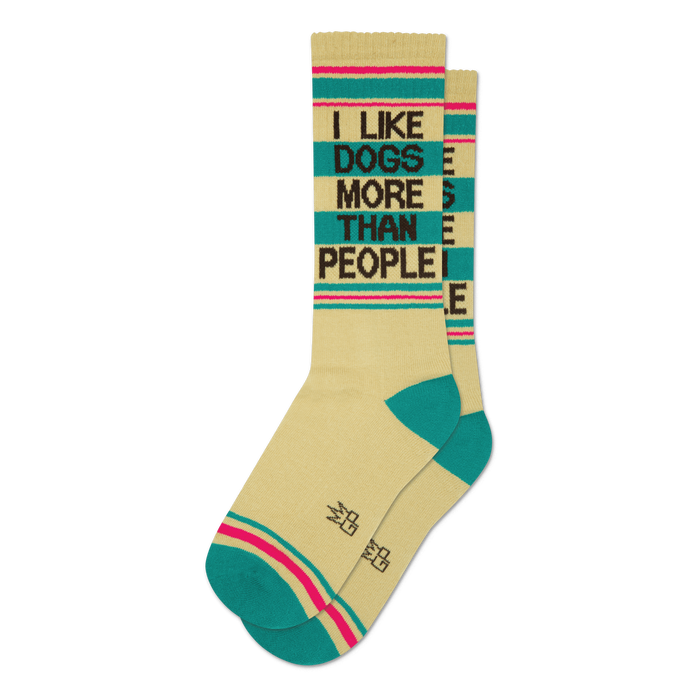 Pair of cream crew socks with teal and pink stripes and the text 'I LIKE DOGS MORE THAN PEOPLE' in brown.