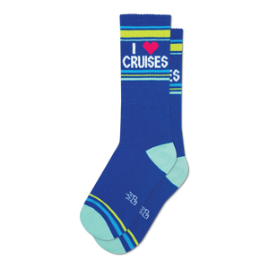 Pair of blue crew socks with 'I Heart Cruises' graphic, pink heart, and neon yellow and green stripes.