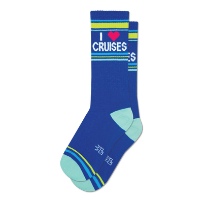 Pair of blue crew socks with 'I Heart Cruises' graphic, pink heart, and neon yellow and green stripes.