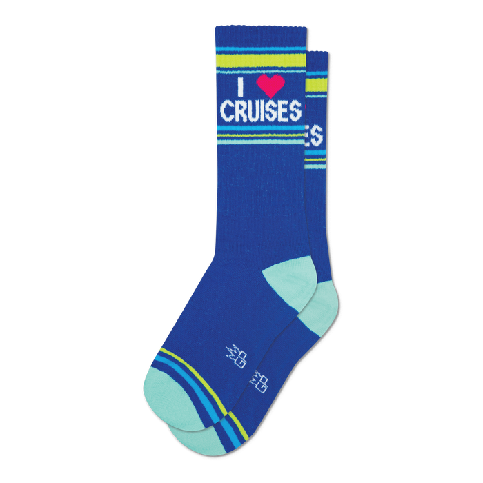 Pair of blue crew socks with 'I Heart Cruises' graphic, pink heart, and neon yellow and green stripes.