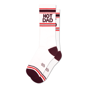 Pair of white crew socks with maroon and red stripes and 'HOT DAD' text.  Retro style.
