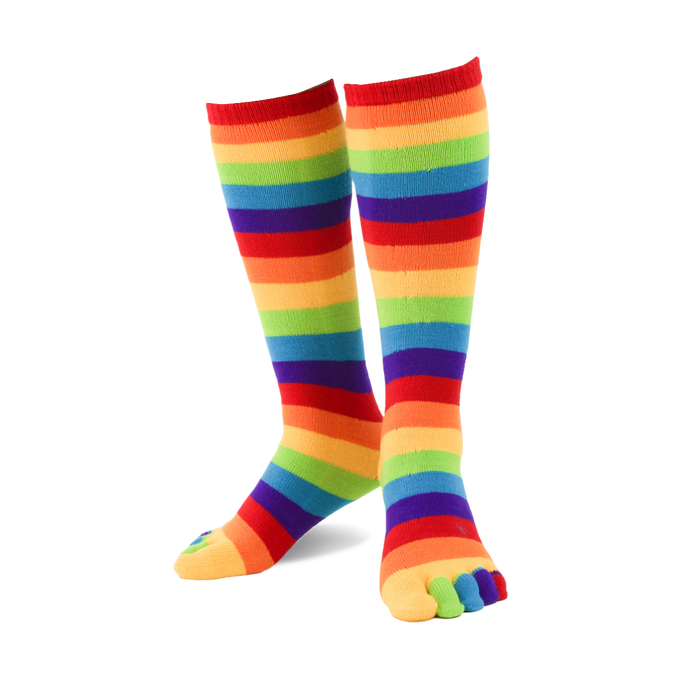 Pair of rainbow striped knee-high toe socks. Features bold stripes of red, orange, yellow, green, blue, and purple. }}