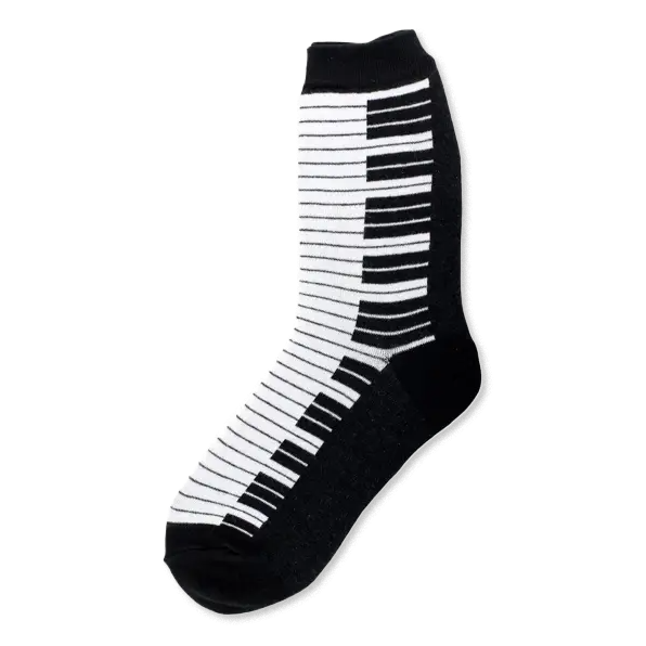 Black and white crew socks featuring a piano keyboard design. The white keys are on one side and the black keys on the other. }}
