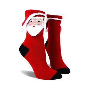 Red crew socks with a 3D Santa face and white fluffy beard. Black heel and toe. Festive and fun!