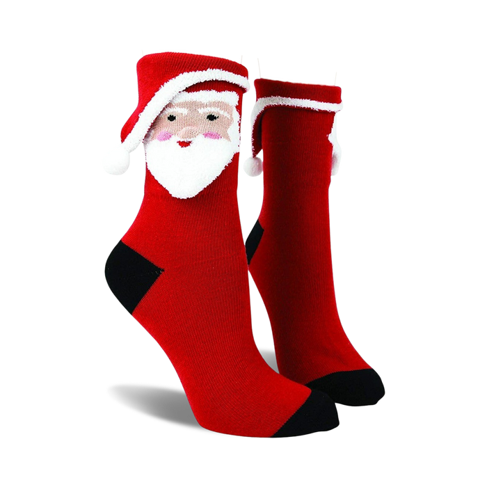 Red crew socks with a 3D Santa face and white fluffy beard. Black heel and toe. Festive and fun!