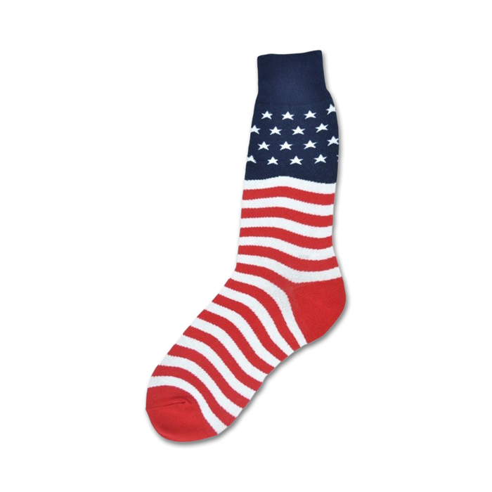 Crew socks in red, white, and navy blue. The top features white stars on a blue background, and the rest is a classic American flag design. }}