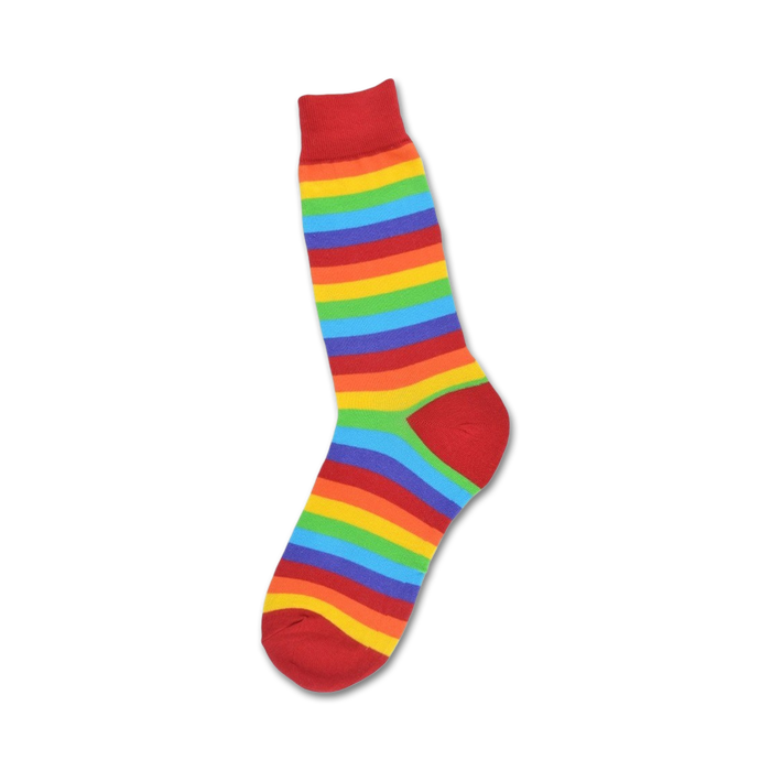 white crew socks with horizontal rainbow stripes in red, orange, yellow, green, blue and purple. perfect for pride month.    }}