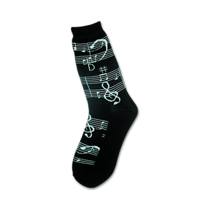 Black crew socks with a white musical notation design, including treble clefs and notes.