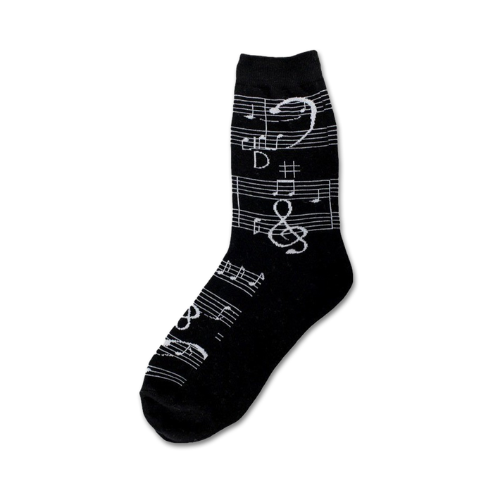Black crew socks with a silver musical notes and clef design.  A fun and stylish accessory for music lovers. }}