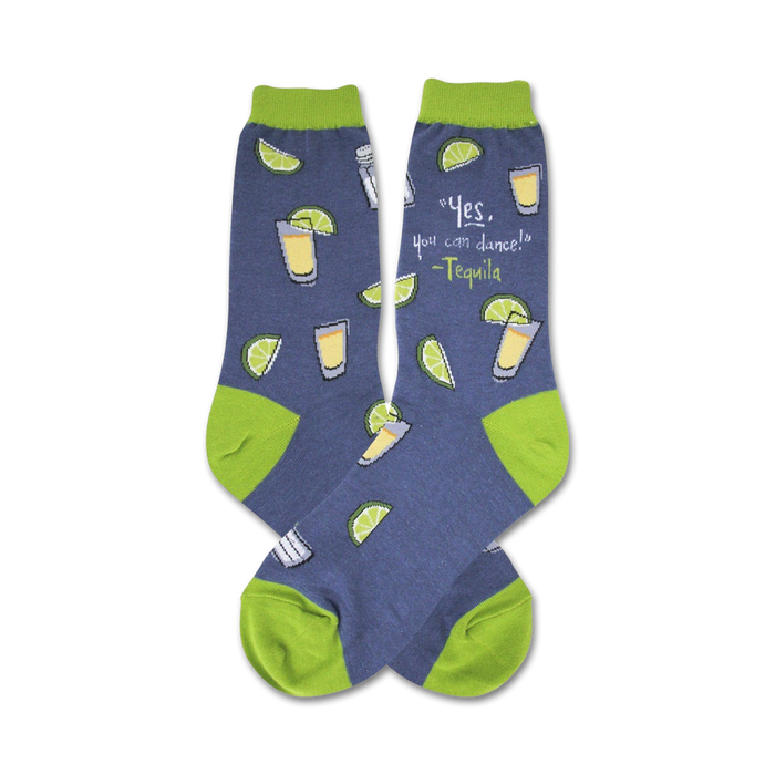Pair of crew socks, blue with lime green accents, showing tequila shots and limes with the quote