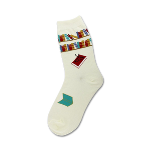 Cream crew socks with a bookshelf and single book design.  Features teal, red, and multicolor books on a cream background.