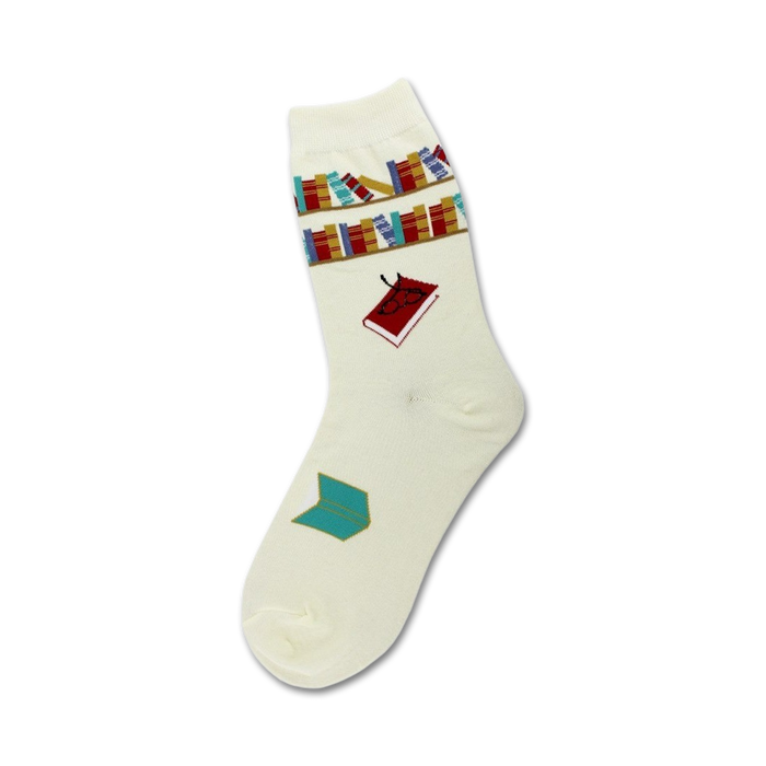 Cream crew socks with a bookshelf and single book design.  Features teal, red, and multicolor books on a cream background.