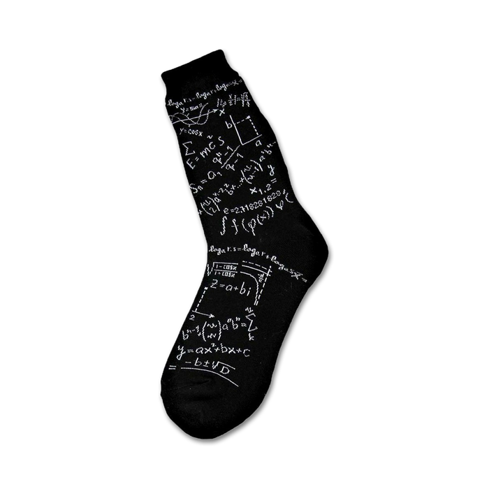 Black crew socks with white mathematical equations, formulas, and symbols printed all over. }}