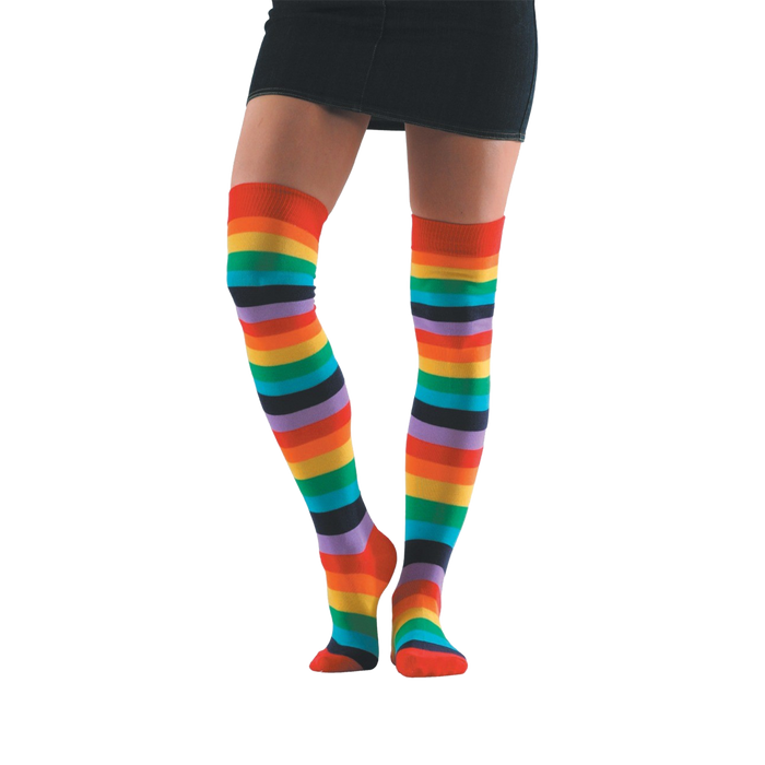 A pair of women's rainbow striped knee-high socks. The socks feature bold horizontal stripes in all the colors of the rainbow. }}