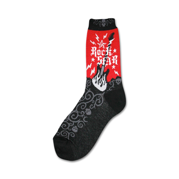 Crew socks in black and red. The red portion features a graphic of a flaming guitar with 'Rock Star' text. The black portion has a gray swirl and skull pattern. }}
