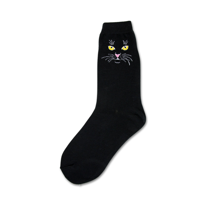 Black crew socks with a cute embroidered black cat face, yellow eyes, and pink nose. }}