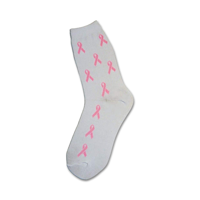 White crew socks adorned with multiple pink ribbon designs. A subtle yet impactful way to show support.