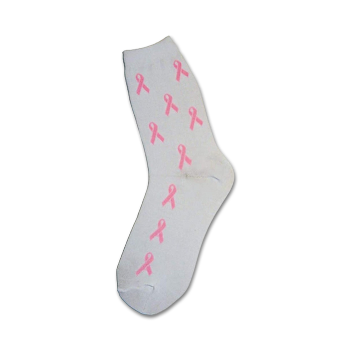 White crew socks adorned with multiple pink ribbon designs. A subtle yet impactful way to show support. }}