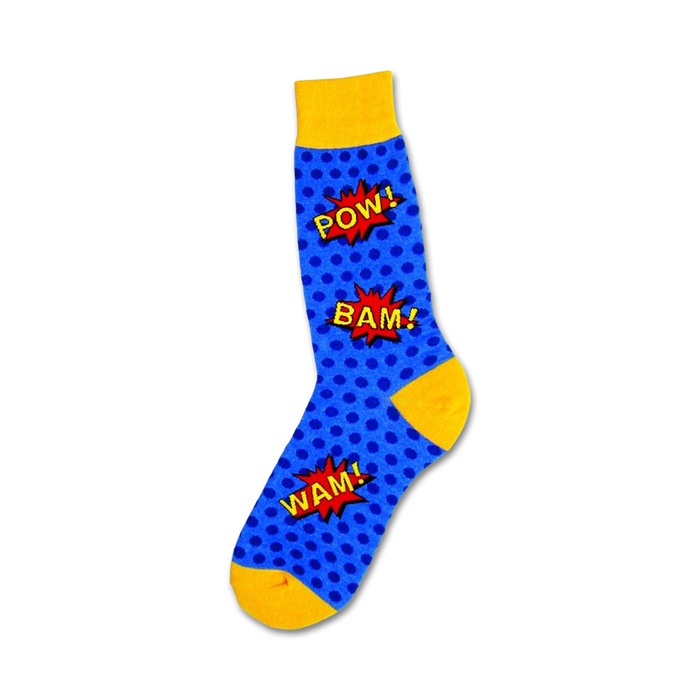 Crew socks in blue with yellow cuffs.  Comic book style 'POW!', 'BAM!', and 'WAM!' speech bubbles are featured on a blue polka dot background. }}