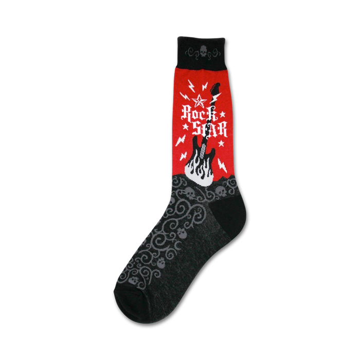 Crew socks with a red section featuring a white 'Rock Star' text and a black electric guitar engulfed in flames. The black section of the sock has a gray swirling pattern with small skull details. }}